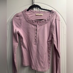 Free People Lavender Lace Cut Out Long Sleeve Top